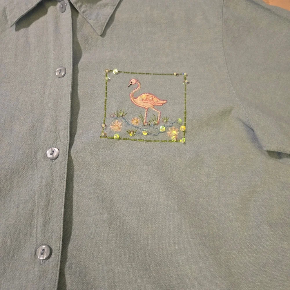 Jane Ashley Blue‎ Cotton Flamingo Chambray Set Top Pants PL Embroidery Sequin
